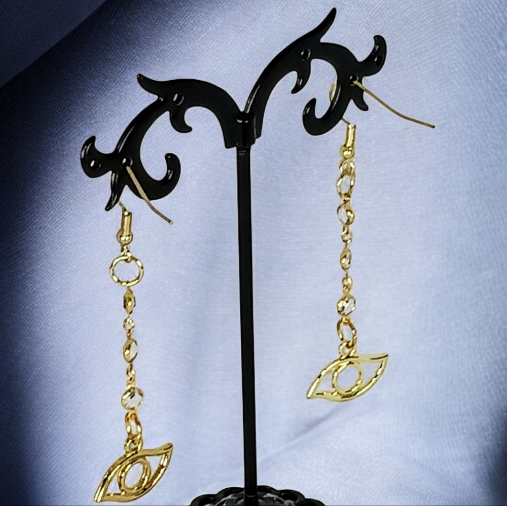 Gold Evil Eye Dangle Drop Earrings with Vintage Bezel Set Blue Satellite Chain - Picture 8 of 14